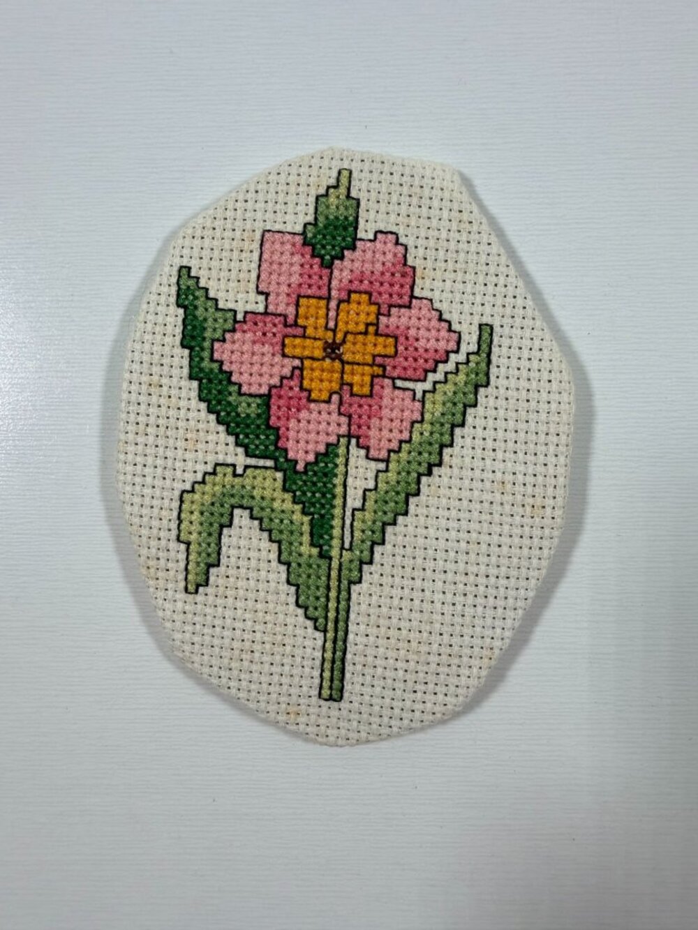 Vintage Needlepoint Pink & Yellow Floral Embroidery Piece 3x4"  Oval Small